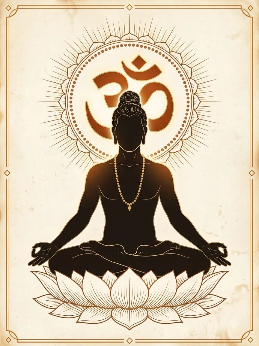 Silhouette of a yogi meditating in lotus pose before a Sanskrit Om on parchment
